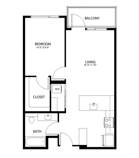 Floor plan for 1 bed, 1 bath, 686 sqft